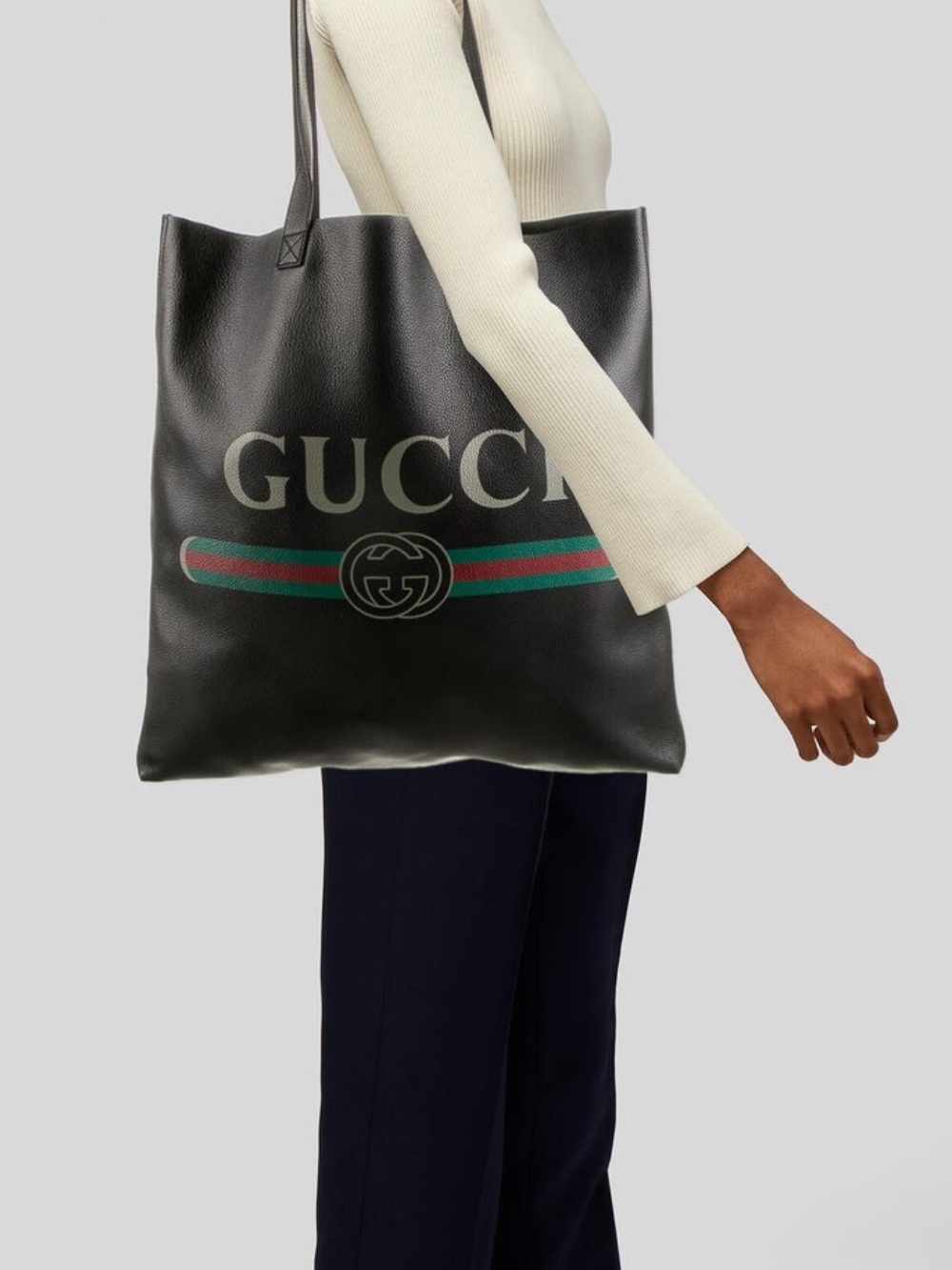 Gucci Black Leather Logo Tote with Green & Red Stripe